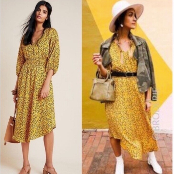 ANTHROPOLOGIE WOMENS MIDI LENGTH CINCHED WAIST MARIGOLD DRESS YELLOW BLACK XS - Picture 2 of 10